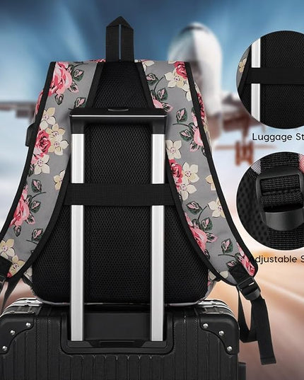 School Backpack Women and Teen Girl,Classic Bookbag Schoolbag with USB Port for High School College Office Work Travel 15.6 inch Gray Flower
