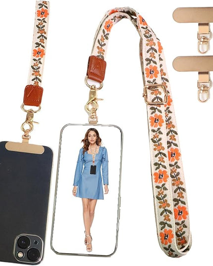 LEMEDE Phone Charm Lanyard, Gold Buckle Adjustable Crossbody and Wrist Strap with 2pcs 360-Degree Rotatable Phone Pad