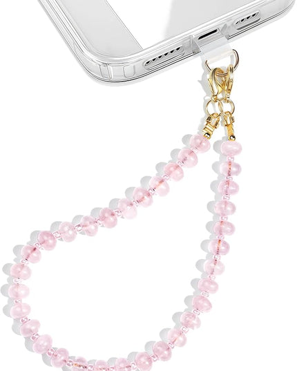 Natural Stone Beaded Phone Wrist Strap for Women – Detachable Chain Wristlet, Durable 304 Stainless Steel Core (Rose Quartz)