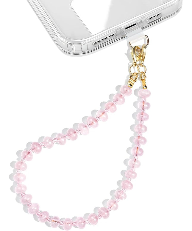 Natural Stone Beaded Phone Wrist Strap for Women – Detachable Chain Wristlet, Durable 304 Stainless Steel Core (Rose Quartz)