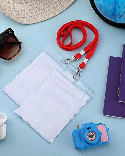 Patelai 50 Pcs 4 x 5.5 Inch Clear Passport Holders with Lanyard Extra Large PVC Card Holder Waterproof Name Badge Holder for Cruise Vacation Credit Card Plane Ticket Receipt (Red)