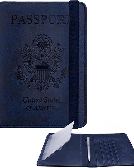 WALNEW Passport Holder for Travel, RFID Passport Cover Wallet for Women Men, PU Leather Passport Book Card Holder Case with Pen (Upgraded, Upgraded-Navy Blue)