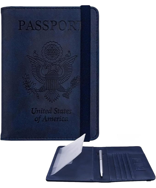 WALNEW Passport Holder for Travel, RFID Passport Cover Wallet for Women Men, PU Leather Passport Book Card Holder Case with Pen (Upgraded, Upgraded-Navy Blue)