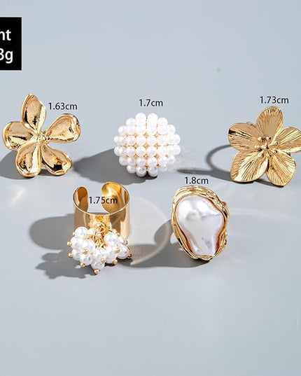 Chunky Gold Rings for Women Non Tarnish Statement Flower Ring Baroque Pearl Stackable Rings Set 6Pcs Chunky Jewelry