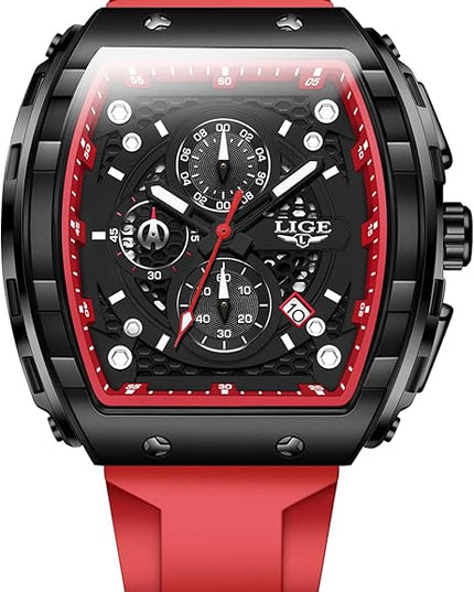 Mens Watches,Unique Rectangular Quartz Analog Watch,Outdoor Sports Multi-Function Watch,Chronograph/Waterproof/Luminous/Calendar,Durable Silicone Strap Mens Casual Watches