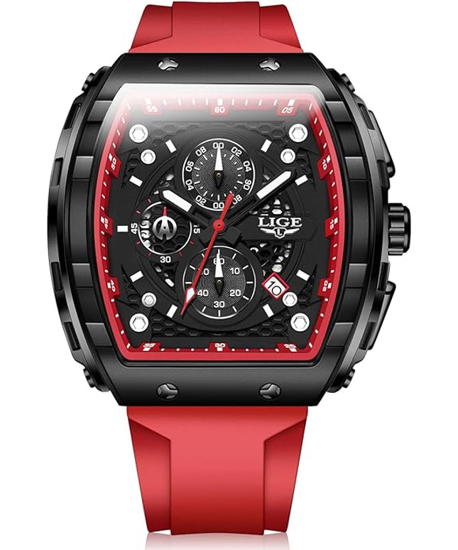 Mens Watches,Unique Rectangular Quartz Analog Watch,Outdoor Sports Multi-Function Watch,Chronograph/Waterproof/Luminous/Calendar,Durable Silicone Strap Mens Casual Watches