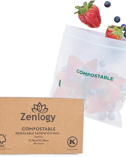 Zenlogy Compostable Sandwich Bag (7" x 7"), Resealable Food Storage Bags, Biodegradable & Freezer Safe Baggies, Organic Eco-Friendly Storage Container, 100 Pack