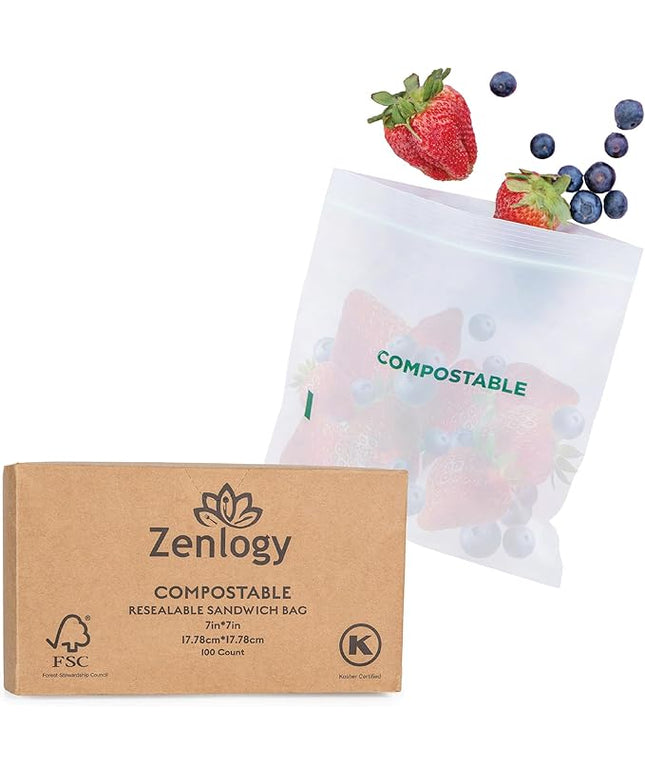 Zenlogy Compostable Sandwich Bag (7" x 7"), Resealable Food Storage Bags, Biodegradable & Freezer Safe Baggies, Organic Eco-Friendly Storage Container, 100 Pack