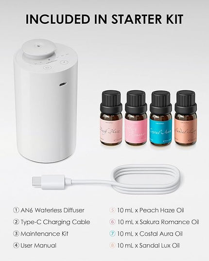 Airversa Waterless Essential Oil Diffuser Starter Kit with 4 x 10mL Fragrance Scent Oil, Battery Operated Mini Scent Air Machine Portable Diffuser for Home Car Office, AN6 White Kit01