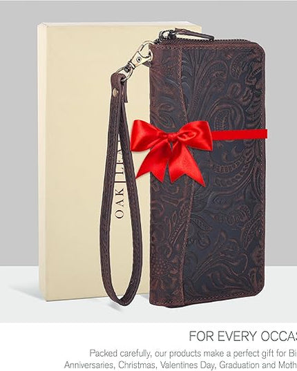 Oak Leathers Leather Wallet for Women - RFID Womens Wallet Clutch with 8 Credit Card Holder, Coin Pocket Vintage Brown Embossed