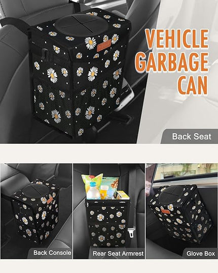 Car Trash Can with Lid, Cute Leakproof Car Trash Garbage Bag Hanging Vehicle Trash Bin Small Portable Automotive Garbage Cans Organizer for Back/Front Seat/Console(Trapezoid,Black Flower)