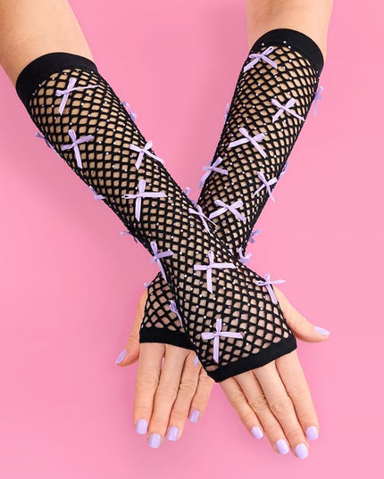 xo, Fetti Black + Purple Rhinestone Fishnet Bow Gloves | Pop Star, Rave Bachelorette, Birthday Girl Accessory, Guts Concert Party Decorations, Festival Supplies, Halloween Costume