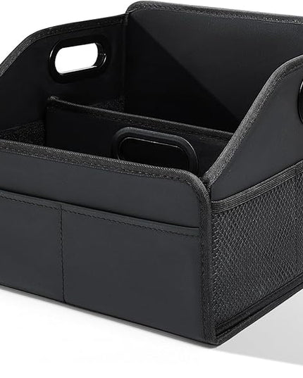Car Storage Organizer Reinforced Dividable Leather Car Caddy Basket for Front Seat Floor Back Sturdy Frosted Handle 8 Compartments Adjustable Strap Buckles Slip-Resistant for SUV Truck