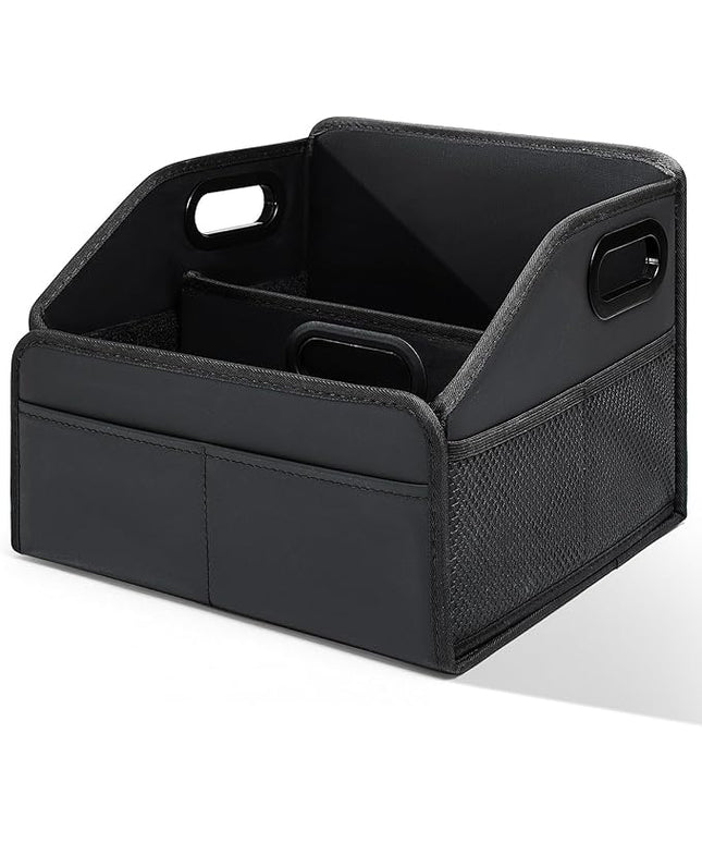 Car Storage Organizer Reinforced Dividable Leather Car Caddy Basket for Front Seat Floor Back Sturdy Frosted Handle 8 Compartments Adjustable Strap Buckles Slip-Resistant for SUV Truck