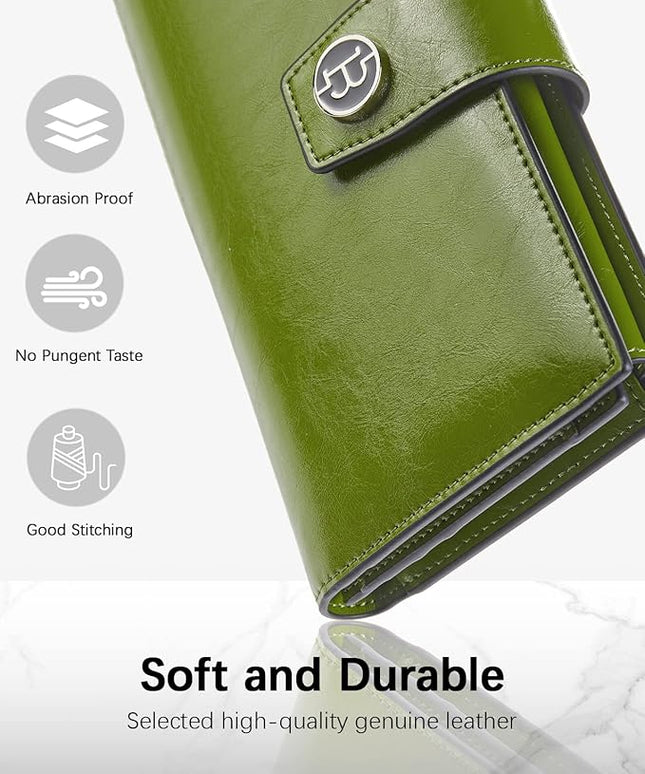 BOSTANTEN Womens Leather Wallets RFID Blocking Large Capacity Trifold Card Holder Ladies Phone Clutch Green