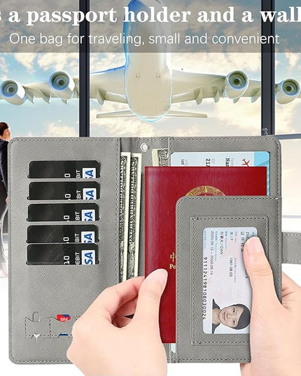 Passport Holder for Travel Essentials, RFID Blocking PU Leather Wallet Cover with Wristlet Strap Magnetic Closure Passport Book Holders Case for Women and Men, Grey