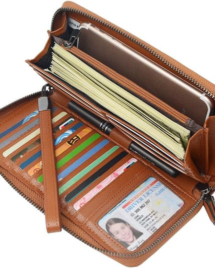 Bveyzi Women RFID Blocking Wallet Leather Zip Around Phone Clutch Large Capacity Ladies Travel Purse Wristlet | RFID Blocking, Zip Around, Large Capacity