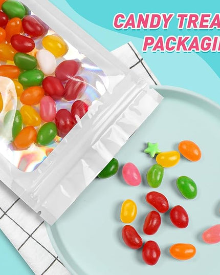 Funfery 300 Pack Smell Proof Resealable Bags for Food Storage,Holographic Bags 4x6 White Mylar Clear Packaging Bag- Scent Proof for Cookies, Zip Foil Pouch for Small Business