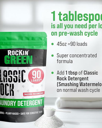 Rockin' Green Classic Rock Laundry Detergent (90 Loads), Plant based, All Natural Laundry Detergent Powder, Vegan and Biodegradable Odor Fighter, Safe for Sensitive Skin, 45 oz (Smashing Watermelons)