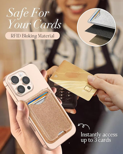 Shorogyt Compatible with Magsafe Wallet Magnetic Card Holder - Glitter Gold Phone Wallets for Women Teen Girls Fashion for iPhone 17/16/15/14/13/12 Series Slim for Apple Mag RFID Magnet, Fit 3 Cards