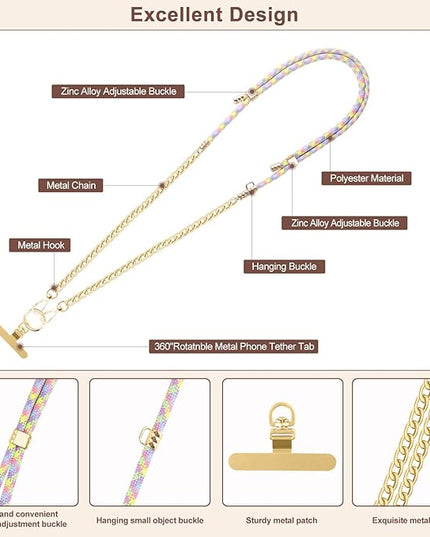 Universal Phone Strap, Metal Cell Phone Chain & Color-Mixing Braided Phone Lanyard Combination for iPhone 17, 16 Series and Most Smartphones, Stylish and Durable, Color-Mixing