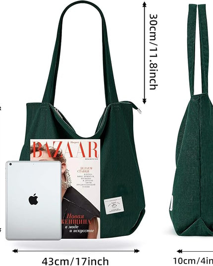 KALIDI Women Corduroy Tote Bag Zipper Casual Tote's Handbag Big Capacity Shoulder Bag with Pockets