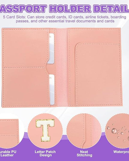 PATIKIL Passport Holder for Travel, Initial Passport Cover and Luggage Tag Set with Alphabet Chenille Letter Patch Travel Wallet Bag Suitcase Identifier for Women Family Travel Pink T