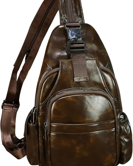Genuine Leather Sling Bag for Men and Women Handmade Sling Backpack Purse Chest Over Shoulder Crossbody Bag Large Capacity (Coffee)