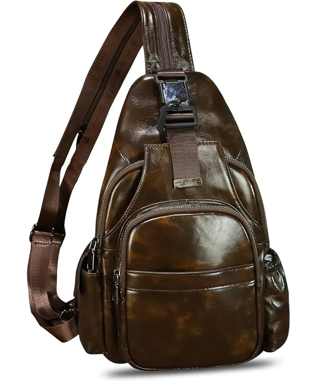 Genuine Leather Sling Bag for Men and Women Handmade Sling Backpack Purse Chest Over Shoulder Crossbody Bag Large Capacity (Coffee)