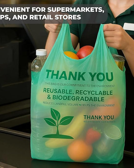 Eco Grocery Bags 100 Pack - Heavy-Duty Plastic Shopping Bags with Reinforced Handles, Durable Retail Carry-Out Bags for Groceries, Takeout, Household Use, Convenience Stores, Markets & Small Business