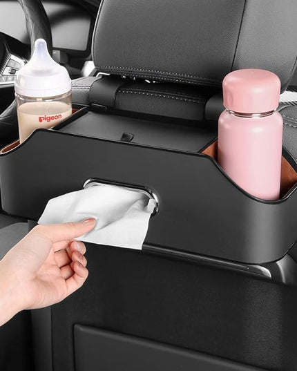 HOLDCY Car Back Seat Organizer with 2 Drink Cup Holder - Tissue Box and Storage Box Hook - Multi-functional Storage - Great for Kids and Travel (Black)