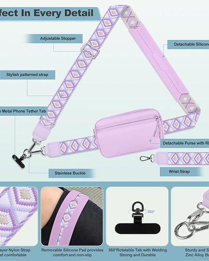 Clip and Go Strap for Phone with Wallet Crossbody, Adjustable Phone Lanyard with Detachable RFID Wristlet Wallet, Pattern Strap - Light Purple(L)