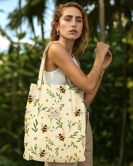 Corduroy Tote Bag for Women - Reusable Totes with Pocket & Buckle Cute Aesthetic Shoulder Bag for Work Travel