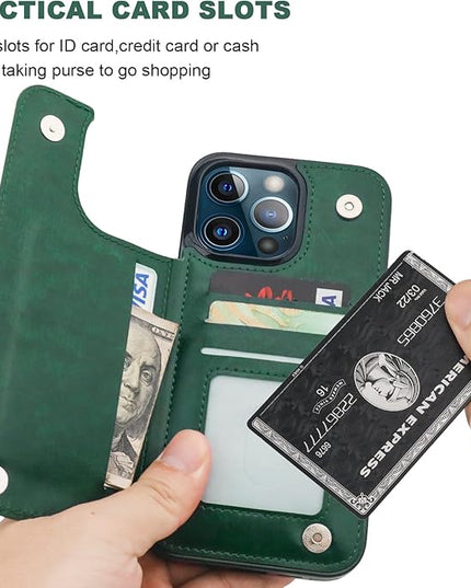 ONETOP Compatible with iPhone 13 Pro Max Wallet Case with Card Holder,PU Leather Kickstand Card Slots Case, Double Magnetic Clasp and Durable Shockproof Cover 6.7 Inch(Green)