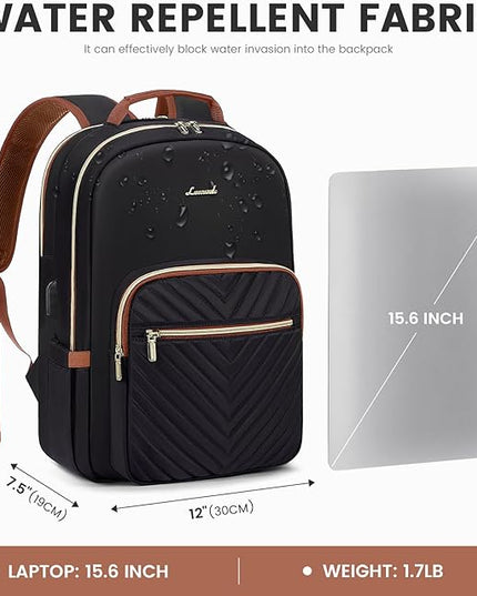 LOVEVOOK Laptop Backpack for Women 15.6 inch,Cute Womens Travel Backpack Purse,Professional Laptop Computer Bag,Waterproof Work Business College Teacher Bag Carry on Backpack with USB Port,Black Brown