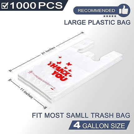 YoYoRain 1000 Pack White Thank You T-Shirt Bags with Handles, 11"x6"x21" Durable HDPE Plastic Carry-Out Shopping Bags for Grocery, Retail, Takeout & Small Business