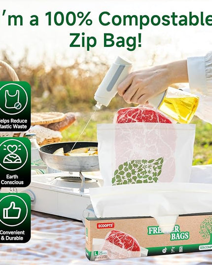Compostable Gallon Size Food Storage Bags Freezer and Leak Proof, (25 Eco Zip) Seal well for Fruit,Food and Vegetable Plant-Based BPA-free (50)