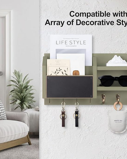 Lwenki Mail and Key Holder – Wall Mount Key Hanger with Shelf and 7 Metal Hooks – Decorative Natural Paulownia Wood Entryway Organizer with Mounting Hardware (16.5”W x 8.7”H x 3.5”D) (Sage-Green)
