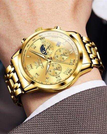 OLEVS Mens Watch Luxury Big Face Stainless Steel Analog Quartz Multifunctional Waterproof Luminous Date Two Tone Fashion Dress Wrist Watches for Man