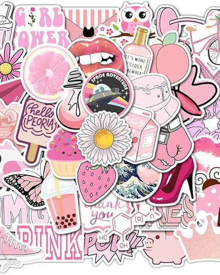 Girl's Pink Aesthetic Stickers - Waterproof Cute Stickers 50 PCS for Water Bottle, Laptop, Phone - Teens & Kids