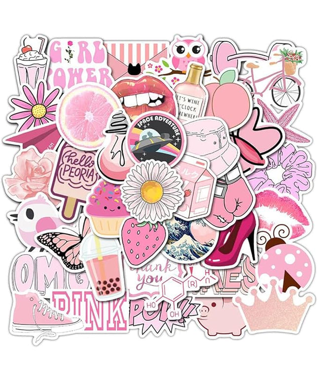 Girl's Pink Aesthetic Stickers - Waterproof Cute Stickers 50 PCS for Water Bottle, Laptop, Phone - Teens & Kids