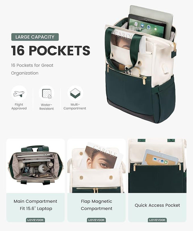 LOVEVOOK Laptop Backpack for Women, 15.6 Inch Work Laptop Bag with USB Port, Fashion Teacher Nurse Backpack Purse, Waterproof Travel Computer Backpack with Organizer Bag, 2PCS, Beige-Green