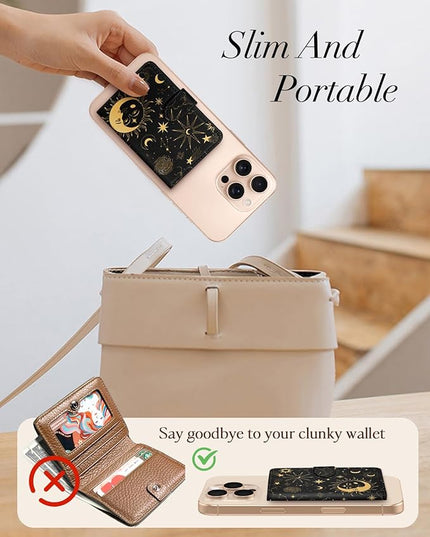 Shorogyt for Magnetic Phone Wallet Compatible with Magsafe for Women - Cute Luxury Slim Leather Card Holder Mag Wallets Fit 4 Cards,for iPhone 17/16/15/14/13/12 Series for Apple RFID Magnet, Sun Moon