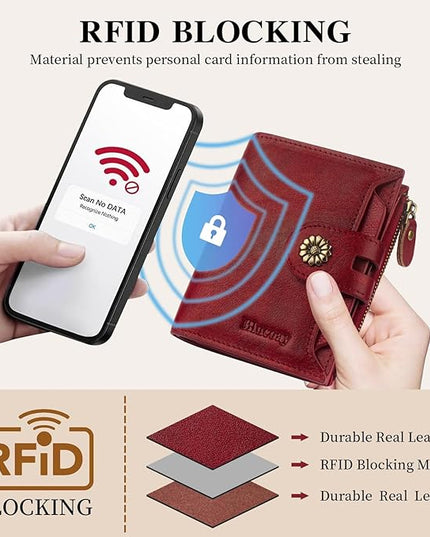 Blucoay Wallet Women,RFID Blocking Real Leather Womens Wallet Bifold Compact Card Holder Small Wallet for Women with Removable ID Window Red