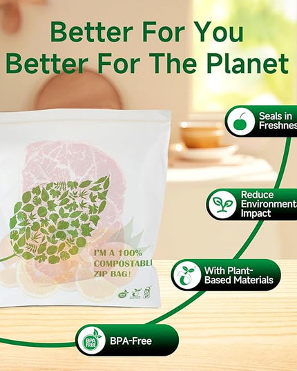Compostable Gallon Size Food Storage Bags Freezer and Leak Proof, (25 Eco Zip) Seal well for Fruit,Food and Vegetable Plant-Based BPA-free (50)