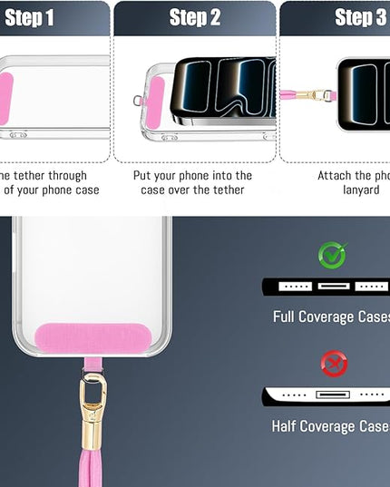 Dadanism Phone Lanyard 2 Pack, 2x Adjustable Crossbody Phone Strap, 2x Tether Tab, Anti-theft Universal Cellphone Multifuctional Patch Lanyards for iPhone & Most Smartphones, Black + Pink