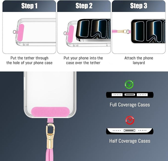 Dadanism Phone Lanyard 2 Pack, 2x Adjustable Crossbody Phone Strap, 2x Tether Tab, Anti-theft Universal Cellphone Multifuctional Patch Lanyards for iPhone & Most Smartphones, Black + Pink