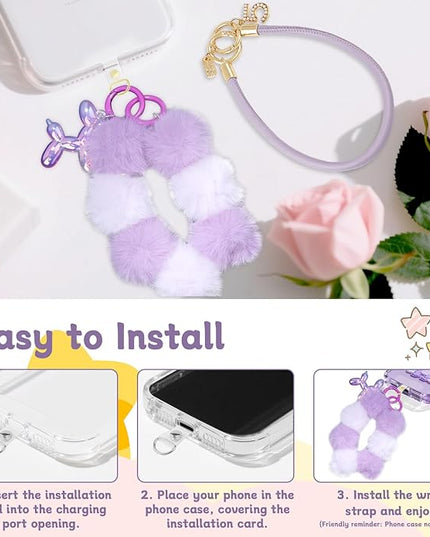 2 Pcs Phone Charm Wrist Strap with Tether Tab, Double Anti Lost Fluff Ball Beaded Wrist Lanyard, Detachable Leather Phone Charms for Bag, Key Chains, Camera Decor