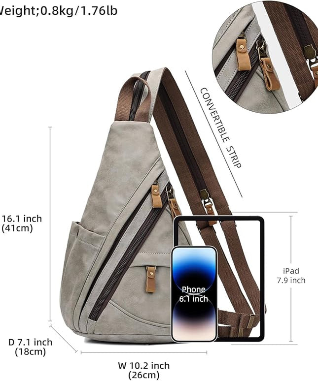 KL928 PU Leather Sling Bag - Small Crossbody Backpack Shoulder Casual Daypack Rucksack for Men Women(Leaden)
