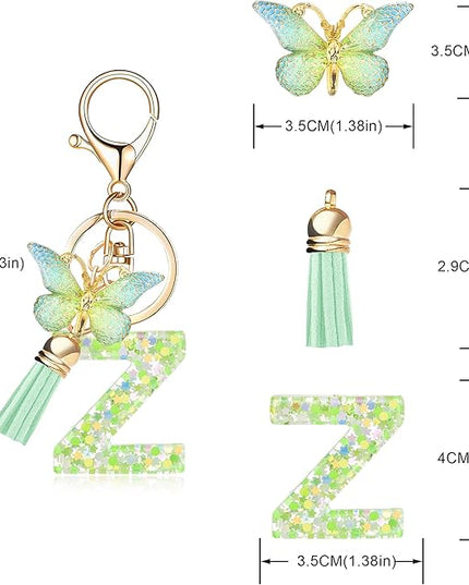 Fashion Alphabet Initial Letter Keychain Tassel Butterfly Pendant Key Ring for Purse Handbags Women Girl